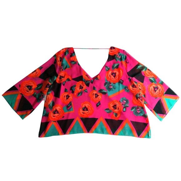 NWT Bisou Bisou Women's Pink Floral Print Crop Lined V-Neck Shirt L Large - Picture 2 of 9